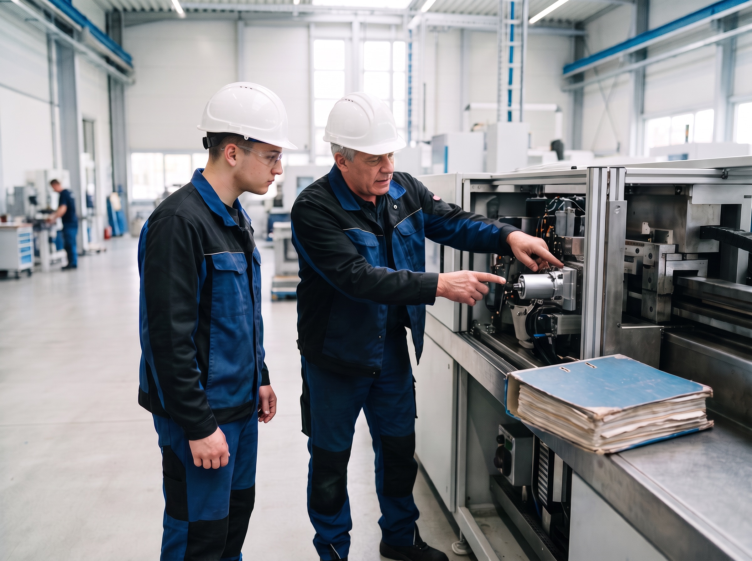 Senior technician explains a machine adjustment to a young colleague while the manual binder stays closed.