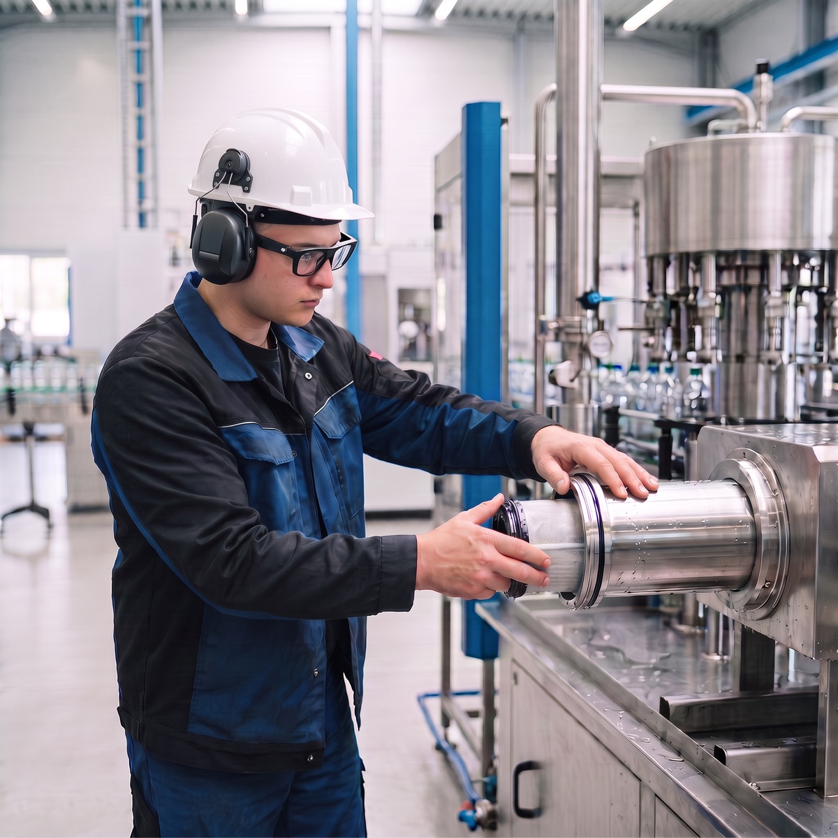 Young technician with smart glasses and an industrial headset performs the same filter change, guided step by step.