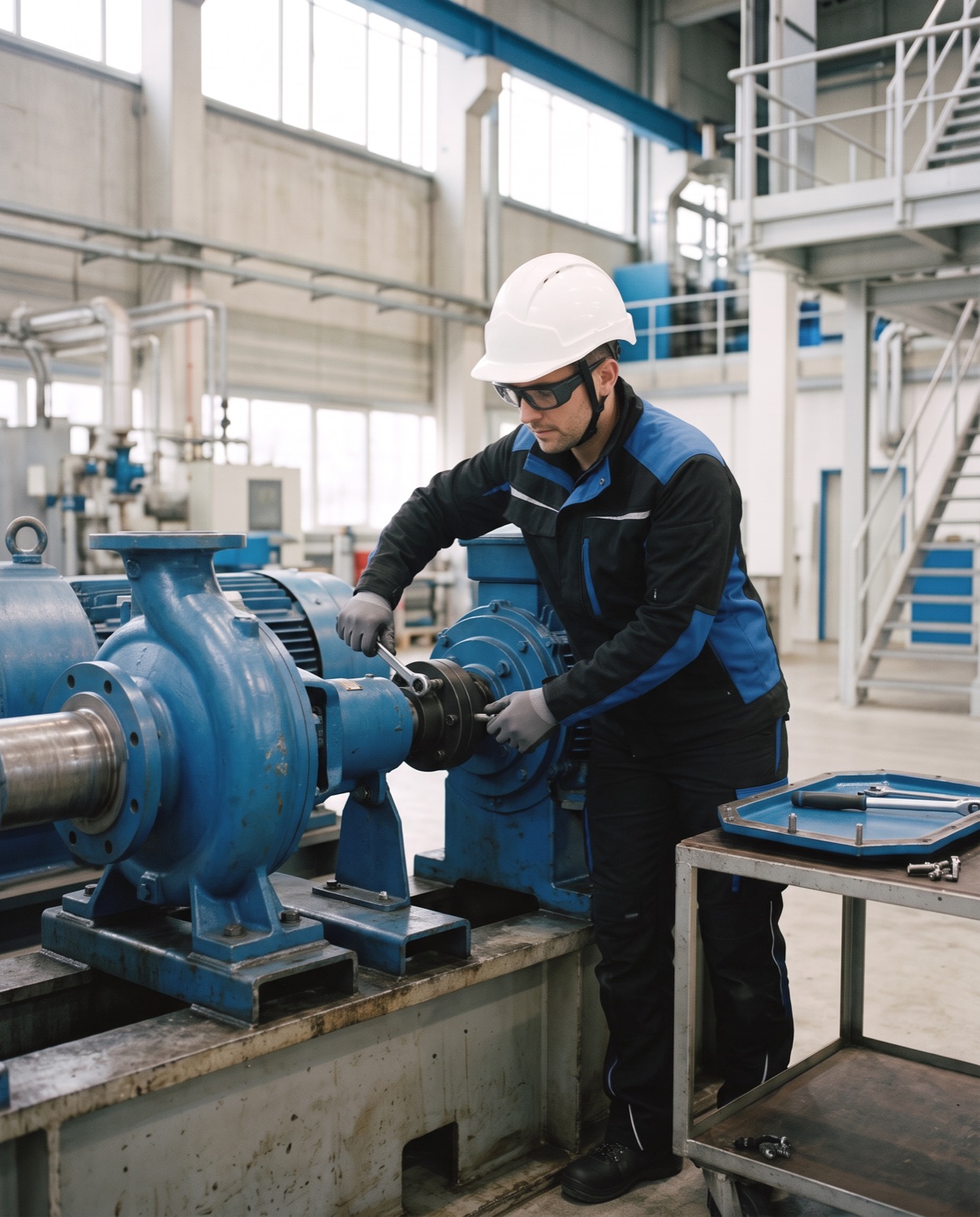 Maintenance technician with smart glasses tightens the coupling between an industrial pump and its motor.