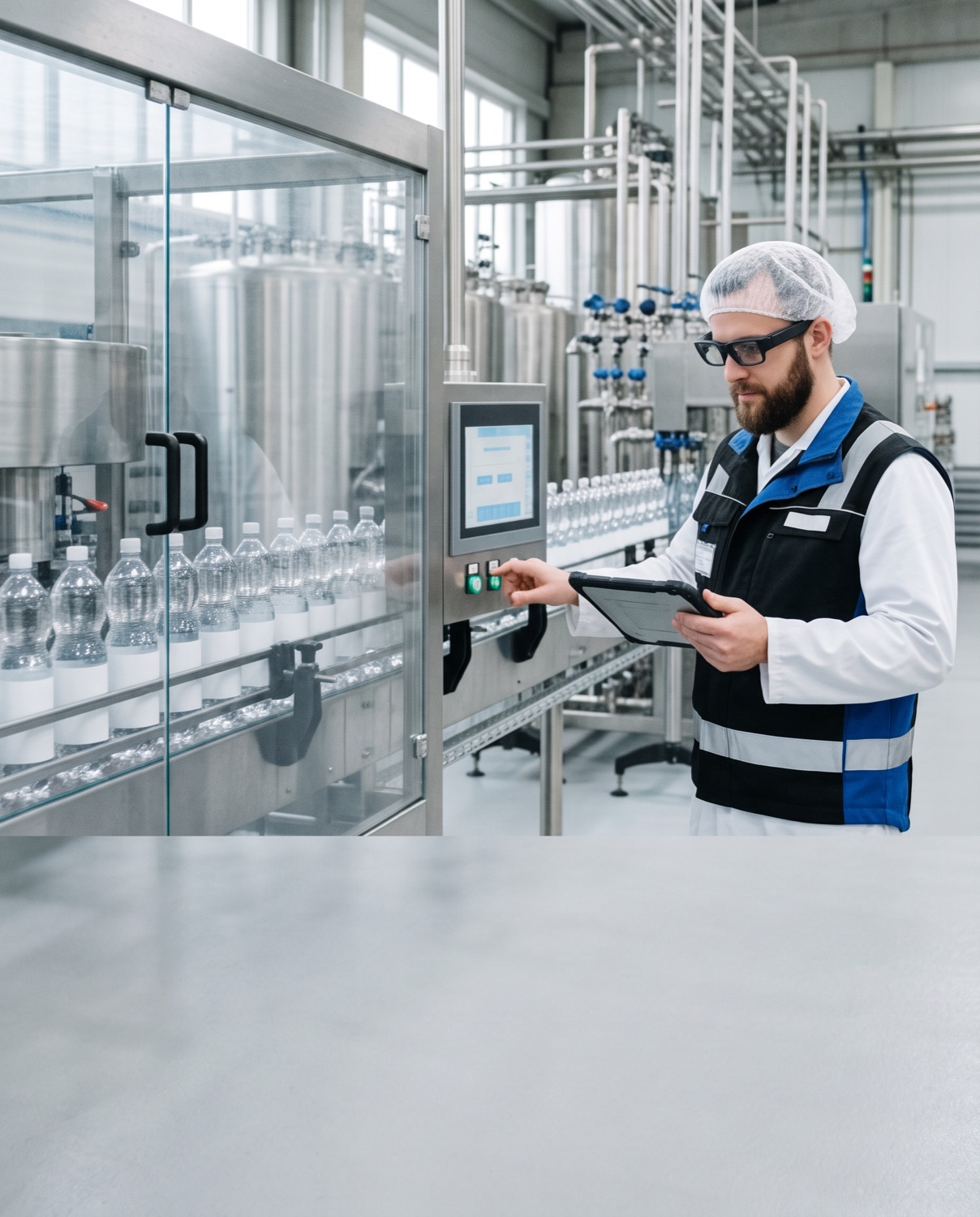 Operator with smart glasses and tablet starts a bottling line at its control panel.