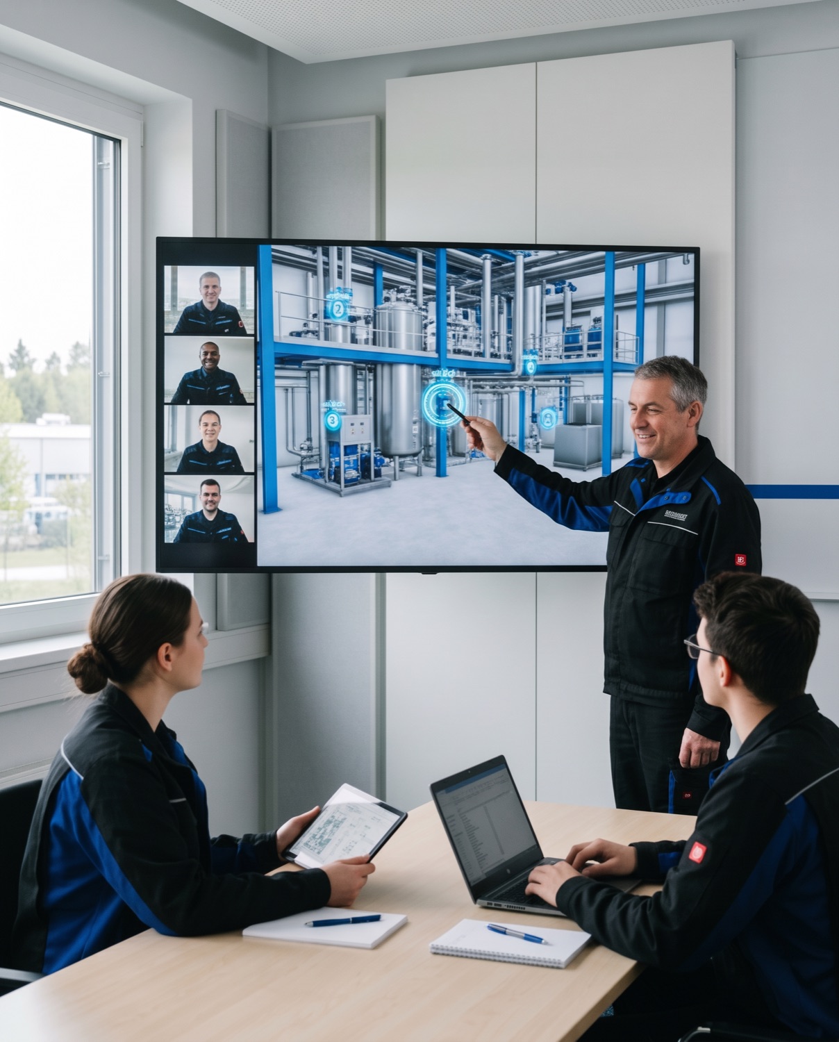 Trainer explains a digital twin of the plant to new hires, remote colleagues join by video.