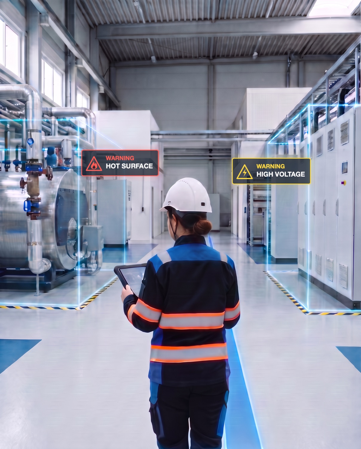 Worker with tablet walks a guided path past AR-marked danger zones for hot surfaces and high voltage.