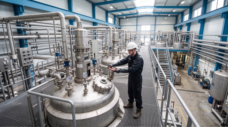 Process technician operating a valve on a stainless steel chemical reactor.