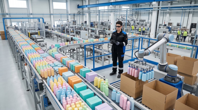 Operator checking a packaging line where a robot packs products into cartons.