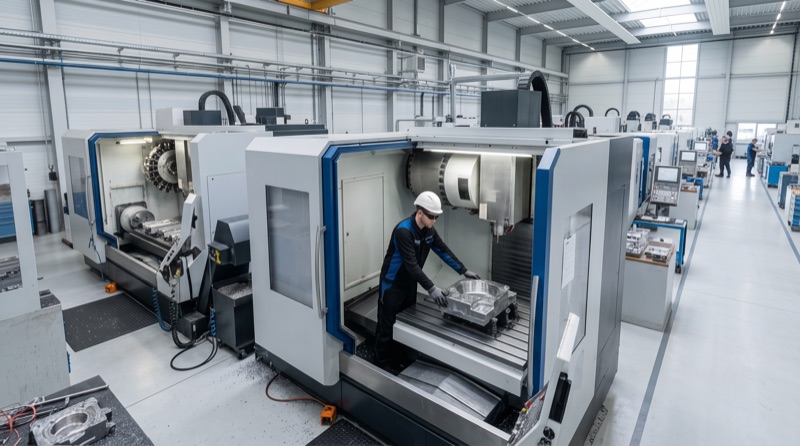 Technician with smart glasses setting up a workpiece in a CNC machining center.